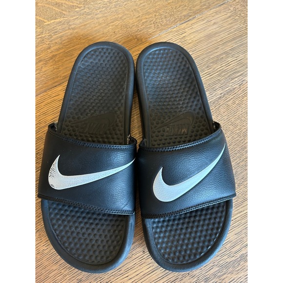 Nike Men's Slides – Black with White Swoosh – Size 10 - Picture 1 of 6